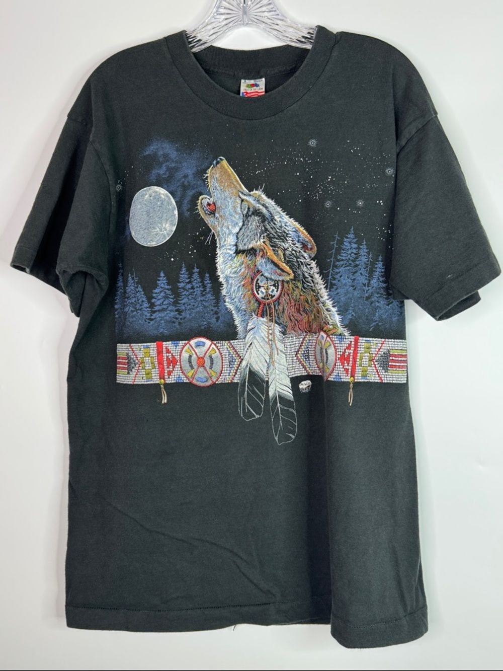 Vintage FOTL Wolf Howling Native American Black Tshirt Size Large 90s